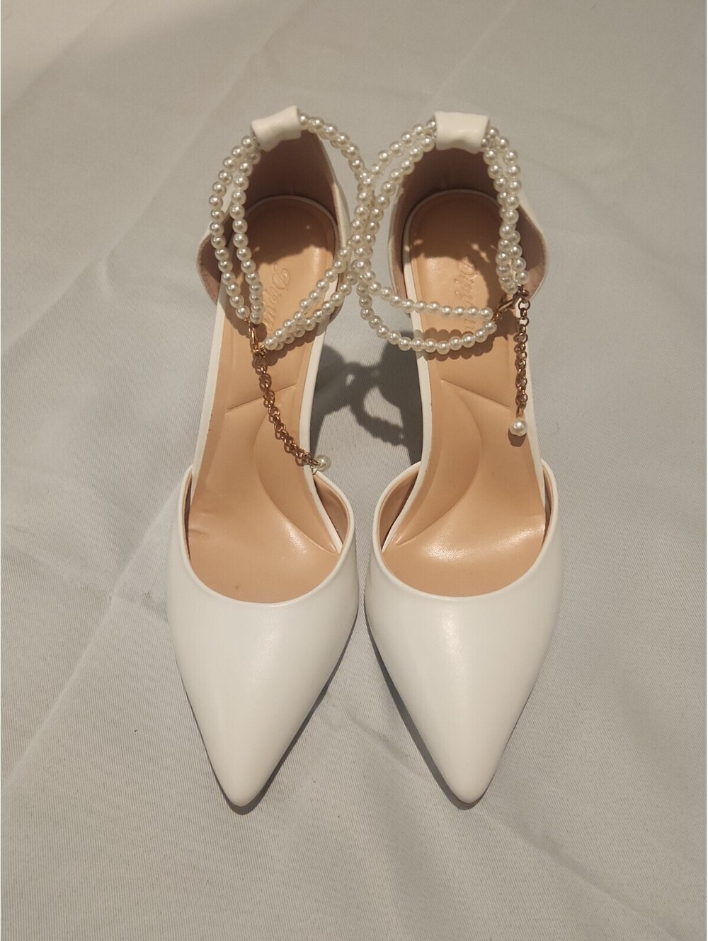 Women's High Heels Close Point Toe Wedding Dress Pump Sz 7.5 White & Pearl Strap
